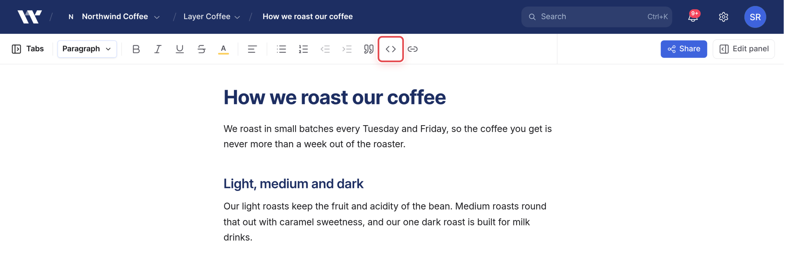 The toolbar with the Code block button highlighted