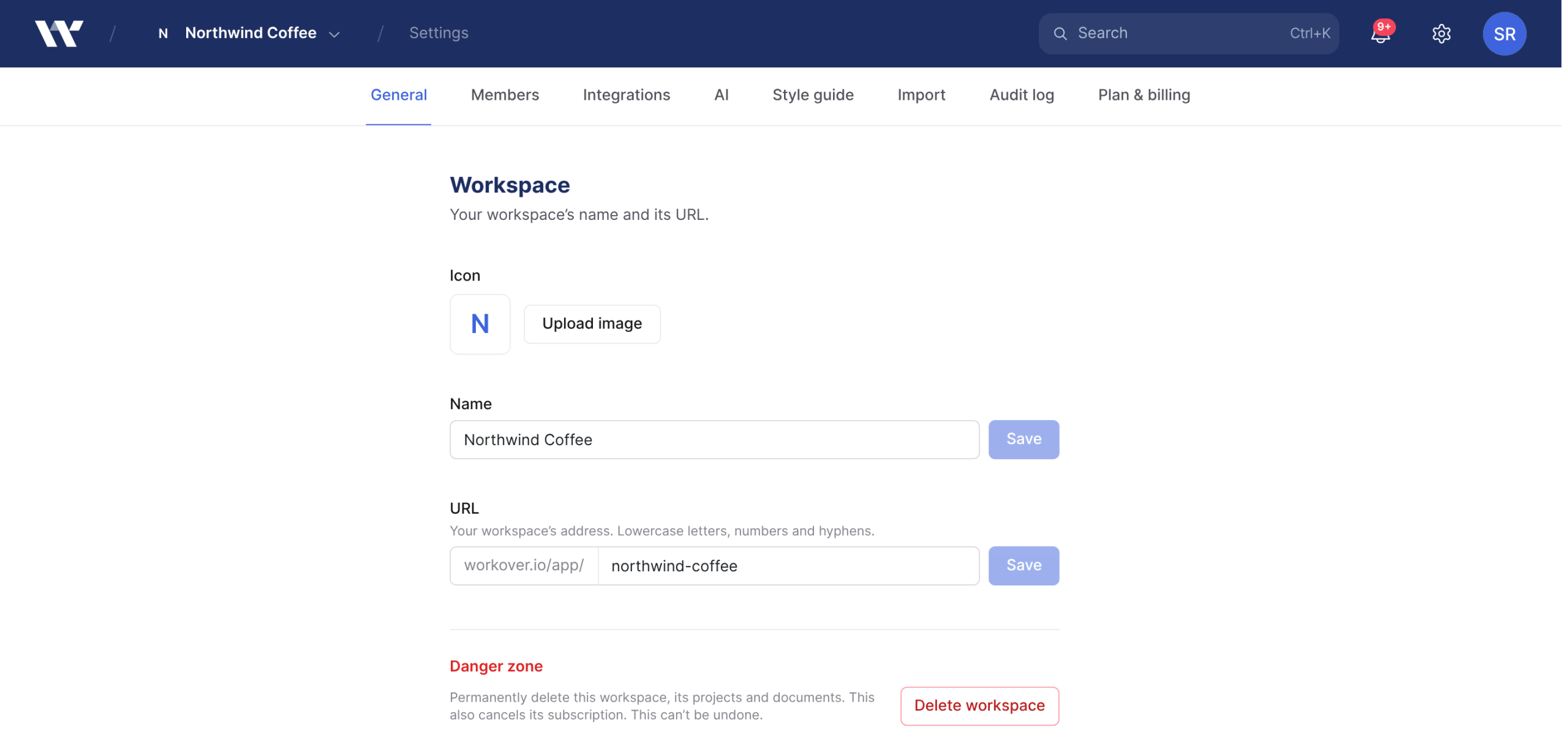 The workspace settings General screen, showing the Name, URL and Save controls