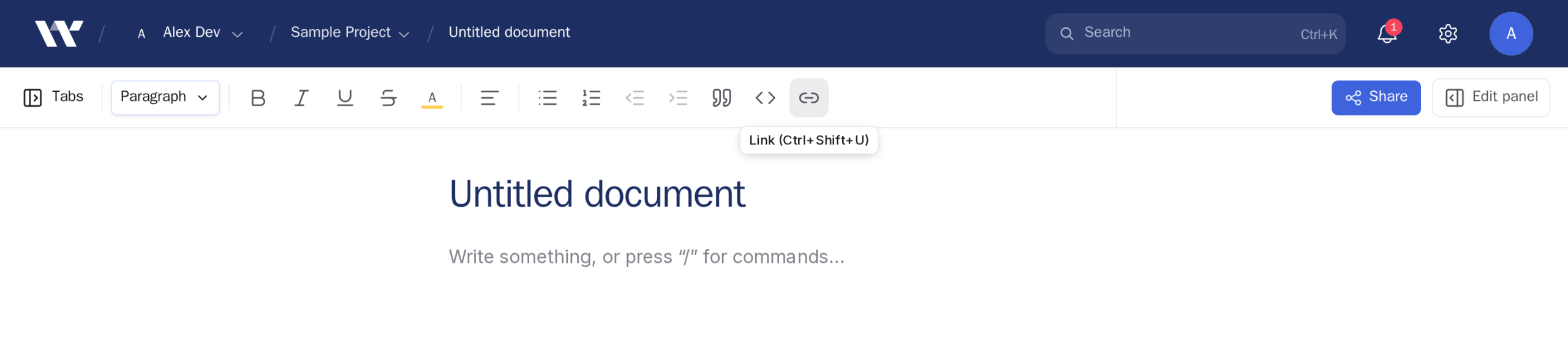 The editor toolbar with the link button hovered, showing the tooltip Link (Ctrl+Shift+U)